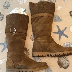 Gucci Brown Suede Mid-Calf Logo-Cuff Buckle Boots